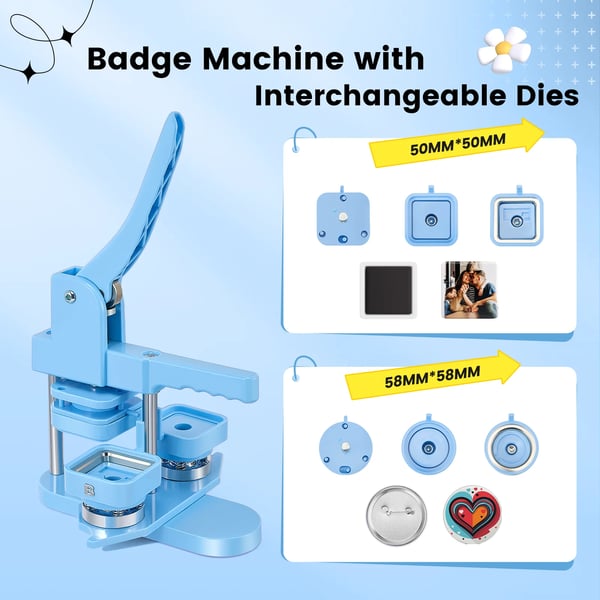 Knapmaskine / Badgepresse - Maskine - 50/58 mm - Runde & Firkantede Forme Inkluderet - Til Pins/Knapper/Køleskabsmagneter - Blå