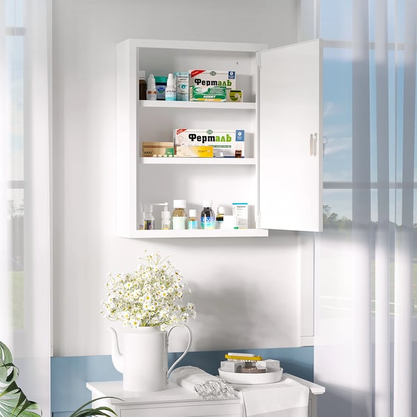 Väggskåp - Låsbart medicinskåp i stål - 3 hyllor, 2 nycklar, väggmonterat, 40×15×53,5 cm, montering krävs - Vit