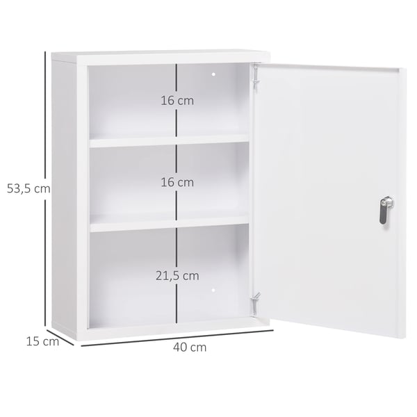 Väggskåp - Låsbart medicinskåp i stål - 3 hyllor, 2 nycklar, väggmonterat, 40×15×53,5 cm, montering krävs - Vit