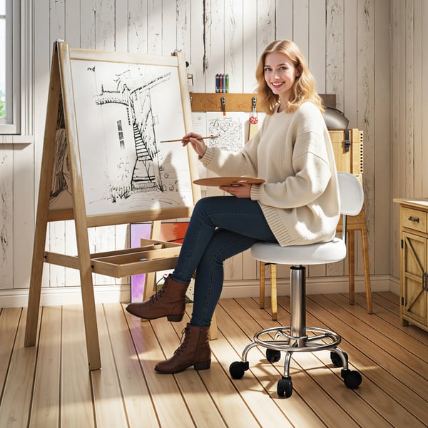 Snurrstol - Vardagsrumsstol - Höj- och sänkbar - Med ryggstöd - På hjul - Mått 32 x 40 x 70–86 cm - Elfenbensvit