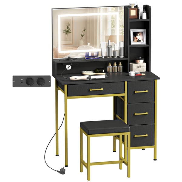 Sminkbord - Toalettbord - Med spegel - LED-belysning - Laddningsstation - Pall - 4 lådor - Svart