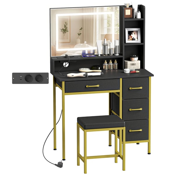 Sminkbord - Toalettbord - Med spegel - LED-belysning - Laddningsstation - Pall - 4 lådor - Svart