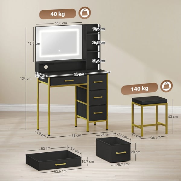 Sminkbord - Toalettbord - Med spegel - LED-belysning - Laddningsstation - Pall - 4 lådor - Svart