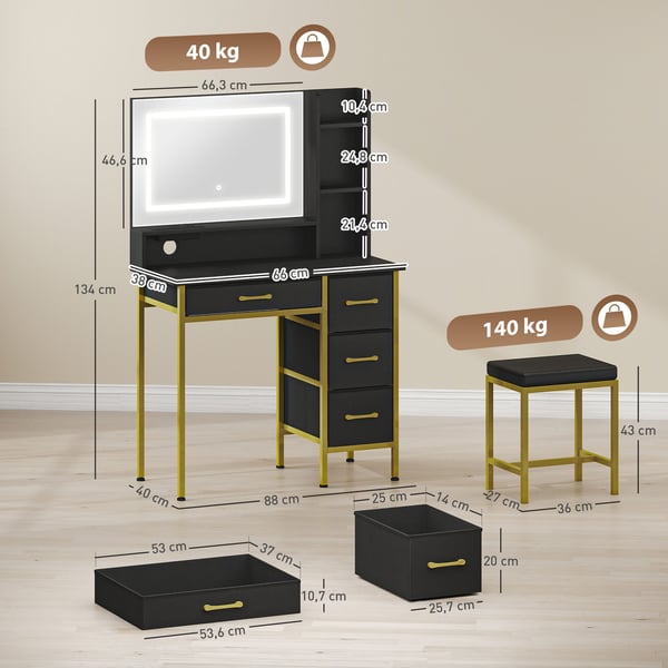 Sminkbord - Toalettbord - Med spegel - LED-belysning - Laddningsstation - Pall - 4 lådor - Svart