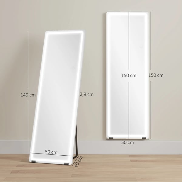 Helkroppsspegel - Stående golvspegel - 150 x 50 cm - LED-belysning - Ramfri - 3 färgtemperaturer - Justerbar ljusstyrka - Silver