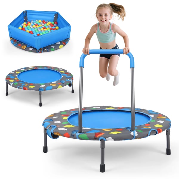 Lasten trampoliini 3-in-1 - Sisä-/ulkotrampoliini kahvalla - Taittuva - Pallomeri 100 palloa - Tasapaino- ja jalkatreeni - Sininen
