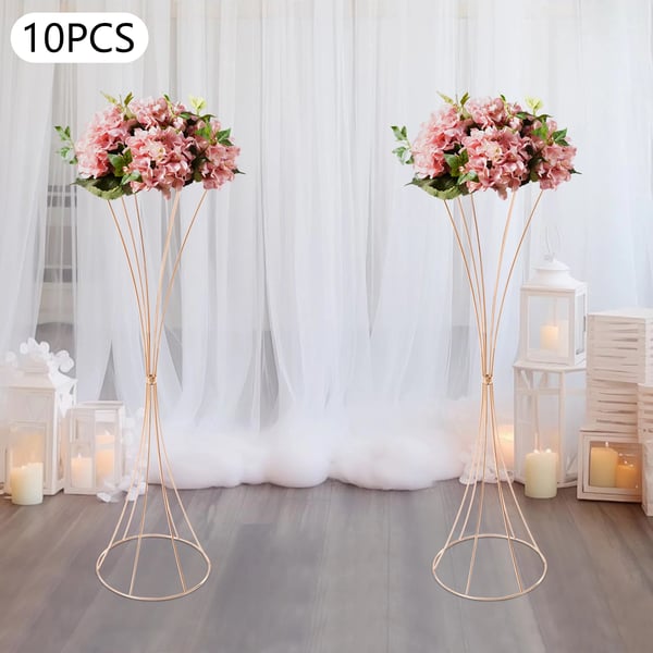 Blomsterstander til Bryllup - Trumpetformede Jernvaser - Sæt 10 stk - Højde 80 cm - Stabelbare - Til Borddekoration - Guld