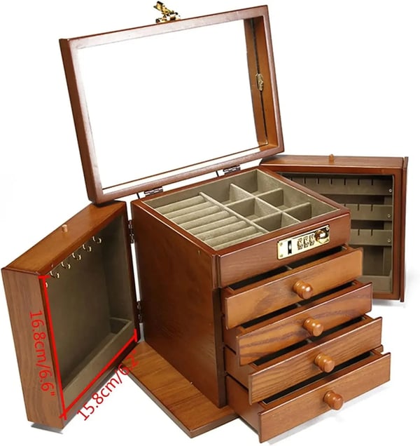 Smykkeskrin i træ - 5-lags smykkeboks - Til Ringe, Halskæder, Øreringe, Ure, Solbriller - Med Skuffer - 27.5 x 19.1 x 22.9 cm - Mørkebrun