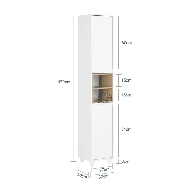 Badeværelseshøjskab - BZR147-W - Gulvstående - 2 døre og åbne rum - Justerbare hylder - Højde over 120 cm - Træ - Hvid