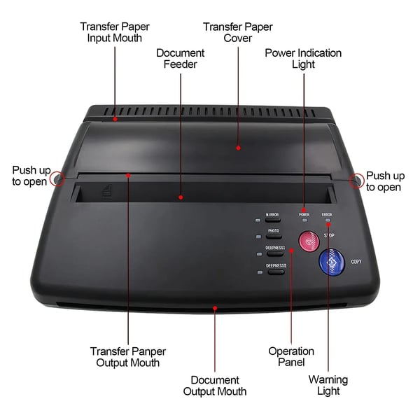 Tatoverings overførselsmaskine - Termisk stencilprinter & kopimaskine - 220 V EU-stik - Med 10 ark termotransferpapir - Sort