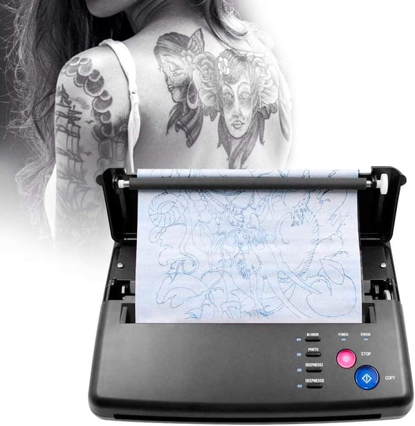 Tatoverings overførselsmaskine - Termisk stencilprinter & kopimaskine - 220 V EU-stik - Med 10 ark termotransferpapir - Sort
