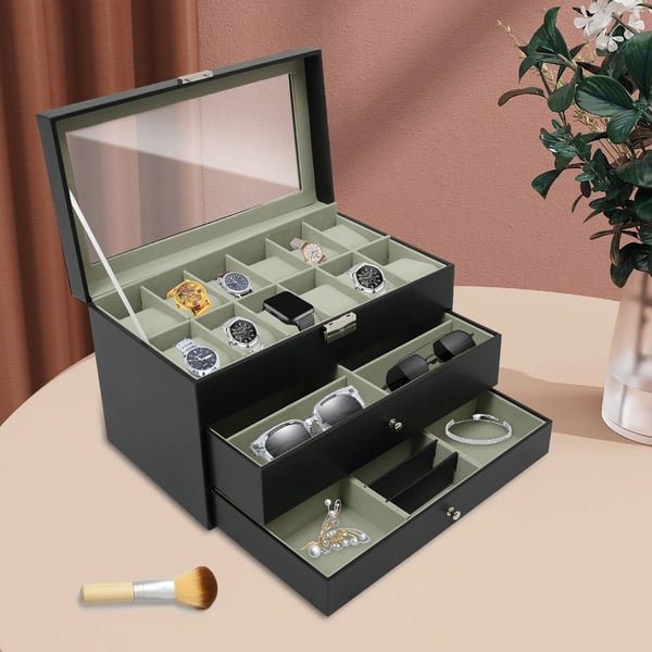 Smykkeskrin & Uræske - 3-lags opbevaring - 12 Urpladser - Låsbart - Gennemsigtigt låg - Indvendig velour - 33,5 x 19,4 x 20,5 cm - Sort