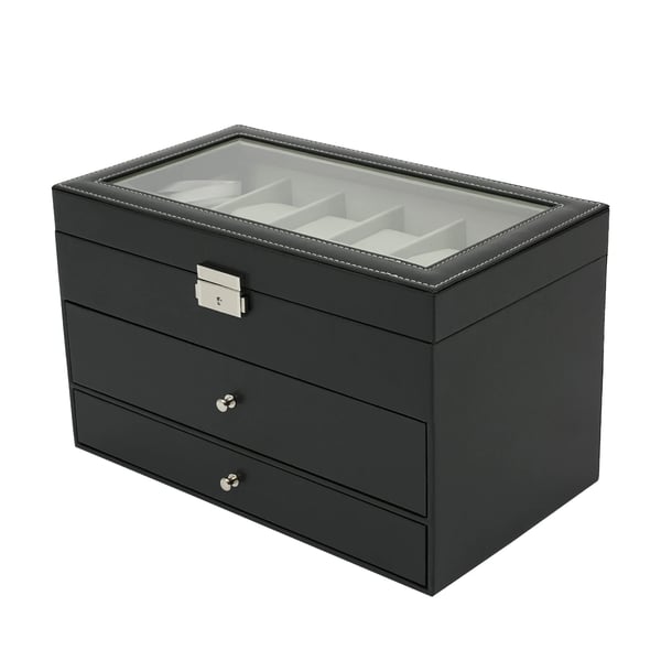 Smykkeskrin & Uræske - 3-lags opbevaring - 12 Urpladser - Låsbart - Gennemsigtigt låg - Indvendig velour - 33,5 x 19,4 x 20,5 cm - Sort