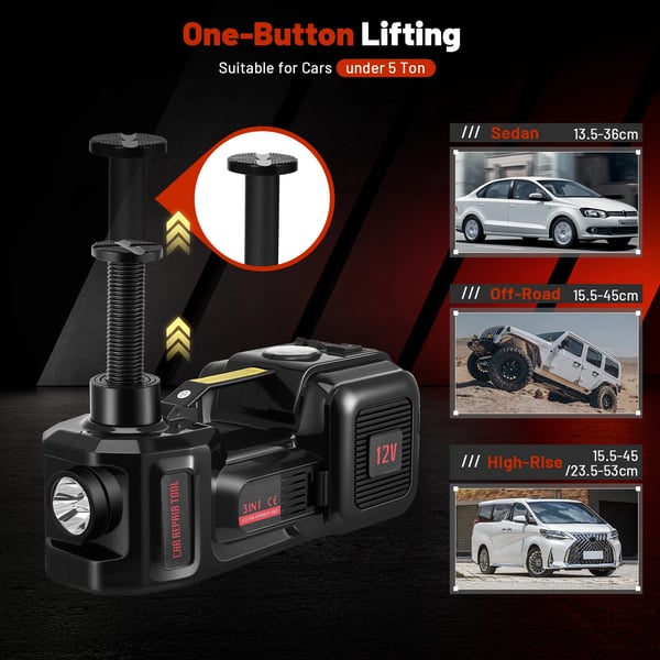 Auton tunkki 3‑in‑1 - Sähköhydraulinen tunkkisarja - 12 V - Nostoalue 155–450 mm - Iskuväännin - Rengaspumppu - 2T/3T/5T - Musta