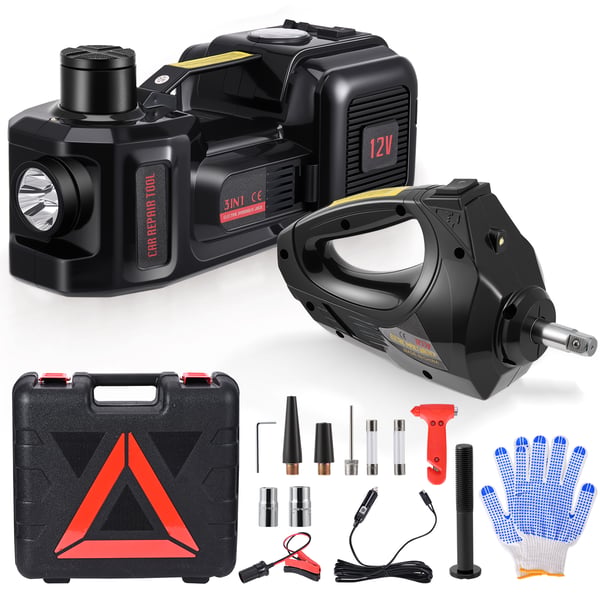 Auton tunkki 3‑in‑1 - Sähköhydraulinen tunkkisarja - 12 V - Nostoalue 155–450 mm - Iskuväännin - Rengaspumppu - 2T/3T/5T - Musta