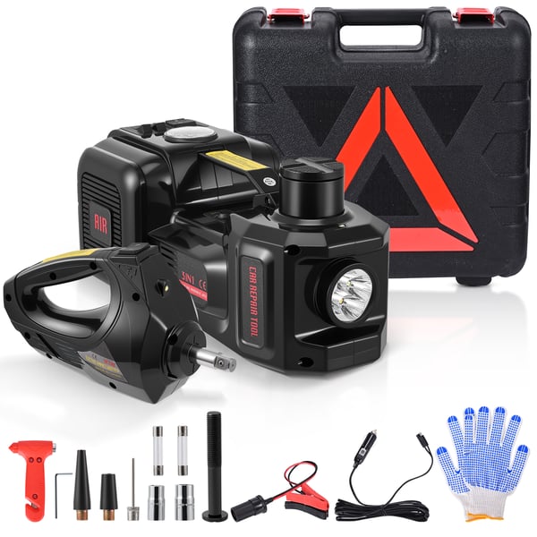Auton tunkki 3‑in‑1 - Sähköhydraulinen tunkkisarja - 12 V - Nostoalue 155–450 mm - Iskuväännin - Rengaspumppu - 2T/3T/5T - Musta