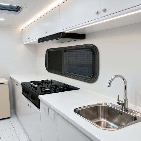 Autocamper/Caravan Vindue - Side Skydevindue - 1000×400 mm - Myggenet - 20% Tonet Hærdet Glas - Aluminiumsramme - Direkte Erstatning - Hvid