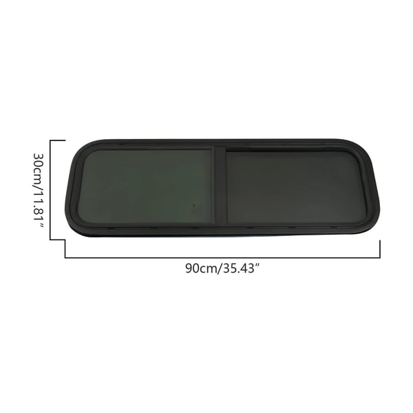 Autocamper/campingvogn sidevindue - Skydevindue 900×300 mm - Myggenet - 20% Toning - Hærdet glas - Aluminiumsramme - Direkte skift - Sort