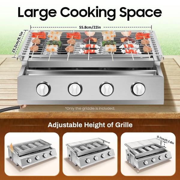 Propan-gasgrill - Udendørs grill - Infrarød keramisk plade - Rustfrit stål - 4 betjeningsknapper - 4 varmerør - Lavtryksventil - Sølv