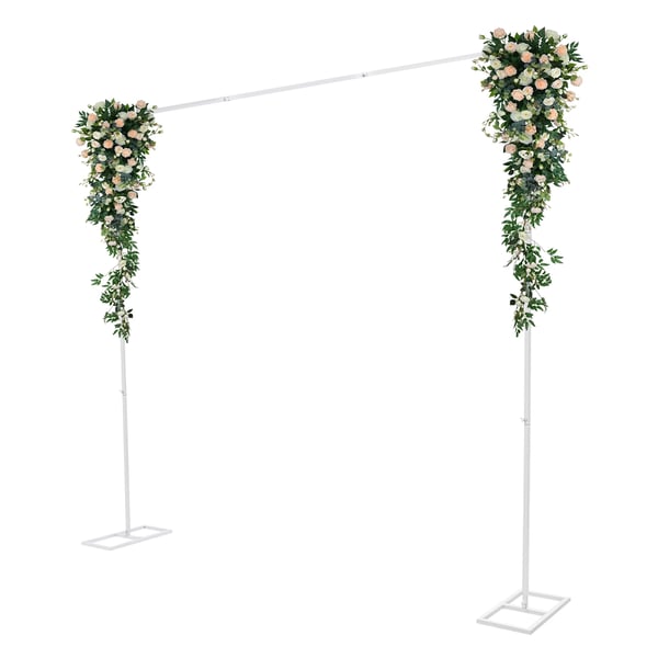 Baggrundsstativ til bryllup - Justerbar metalramme - 2,4×2,4 m - Bæreevne 3–5 kg - Base 23×50 cm - Til fest & event - Hvid