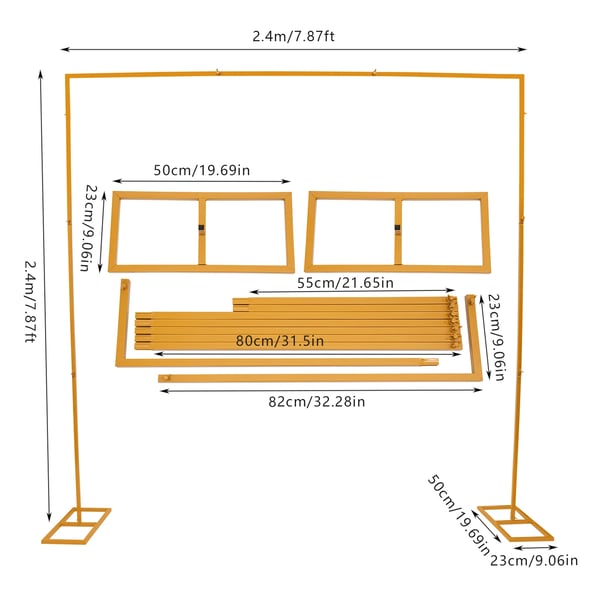 Bryllup Baggrundsstativ - Justerbar Firkantet Ramme 2,4×2,4 m - Metal/Jern - Fodplade 23×50 cm - Bæreevne 3–5 kg - Guld
