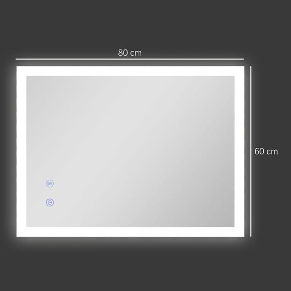 LED badrumsspegel - Väggspegel 80x60 cm - Dimbar 3 Färger - Anti-imma - Bakbelyst - Minnesfunktion - Touch-knapp - Horisontell/Vertikal - Silver