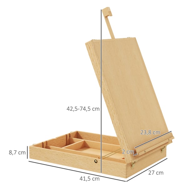 Bordstaffli - Rit- och skissbräda i bokträ - Hopfällbart - Justerbar höjd 42,5–74,5 cm - Låda med 5 fack - 27×41,5 cm - Naturträ