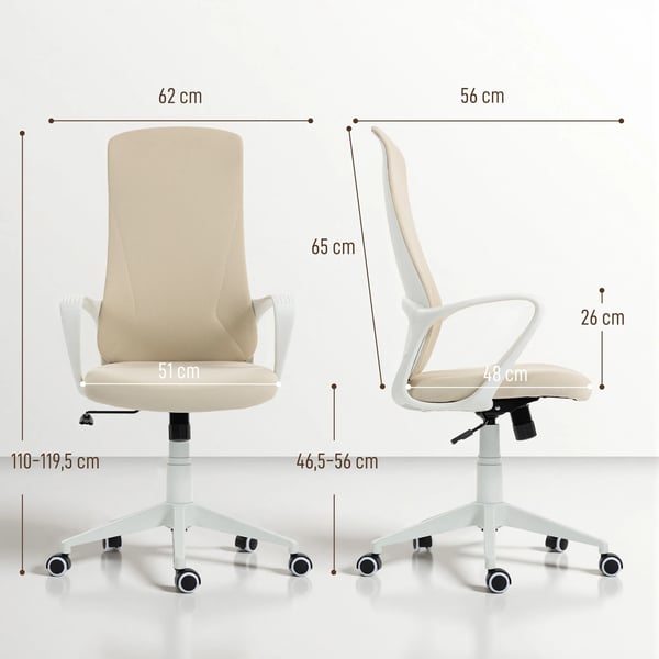 Kontorsstol - Skrivbordsstol - Justerbar höjd - Gungfunktion - Armstöd - Hög rygg - Snurrbar 360° - Beige