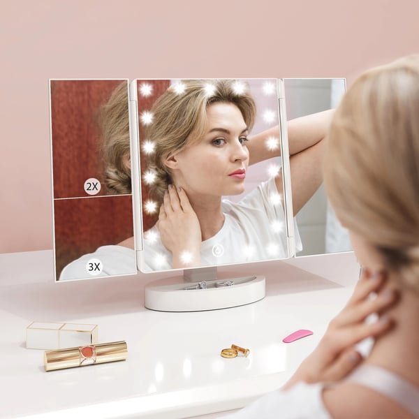 Sminkspegel med ljus - Tredelad makeupspegel - 1x/2x/3x Förstoring - 180° Rotation - 21 LED-lampor - Touchknapp - Dubbel strömförsörjning - Vit