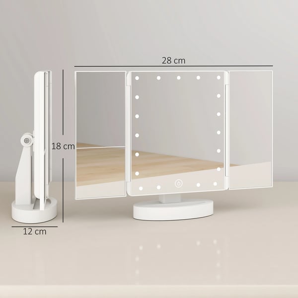 Sminkspegel med ljus - Tredelad makeupspegel - 1x/2x/3x Förstoring - 180° Rotation - 21 LED-lampor - Touchknapp - Dubbel strömförsörjning - Vit