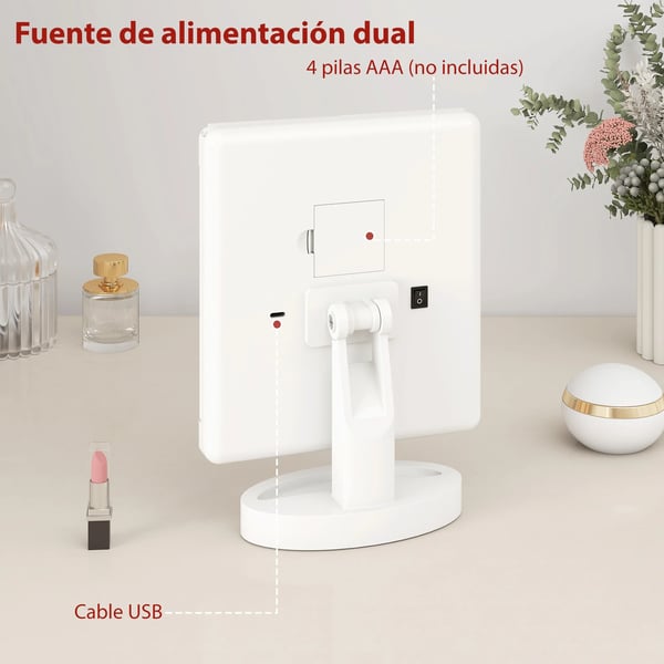 Sminkspegel med ljus - Tredelad makeupspegel - 1x/2x/3x Förstoring - 180° Rotation - 21 LED-lampor - Touchknapp - Dubbel strömförsörjning - Vit