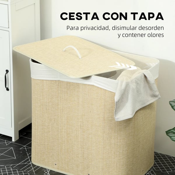 Tvättkorg - Bambu tvättsorterare - Kapacitet 144 L - Tre fack - Avtagbar och tvättbar innerpåse - Lock och handtag - Mått 60×40×60 cm - Vit Tvättkorg - Bambu tvättsorterare - Kapacitet 144 L - Tre fack - Avtagbar och tvättbar innerpåse - Lock och handtag - Mått 60×40×60 cm - Vit