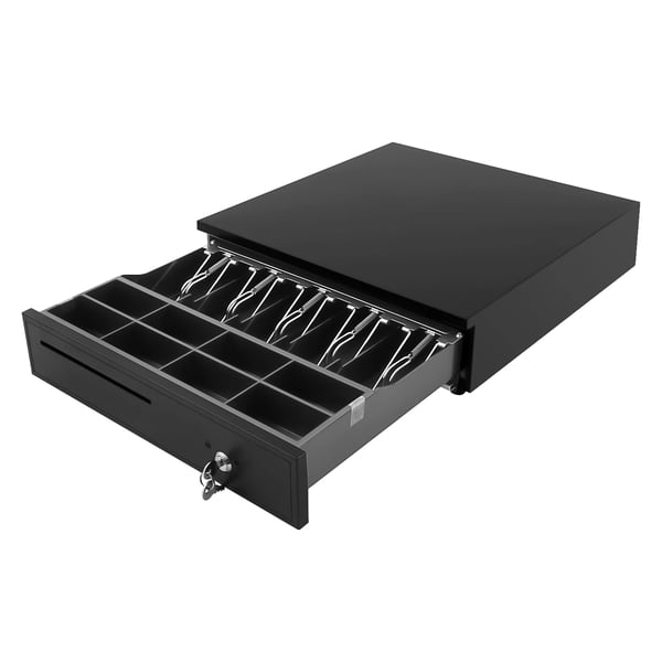 Kassalåda - POS-kontantlåda - 5 sedelfack, 8 myntfack - 3 låslägen med nycklar - RJ11 - 42,5×40,5×10 cm - Svart