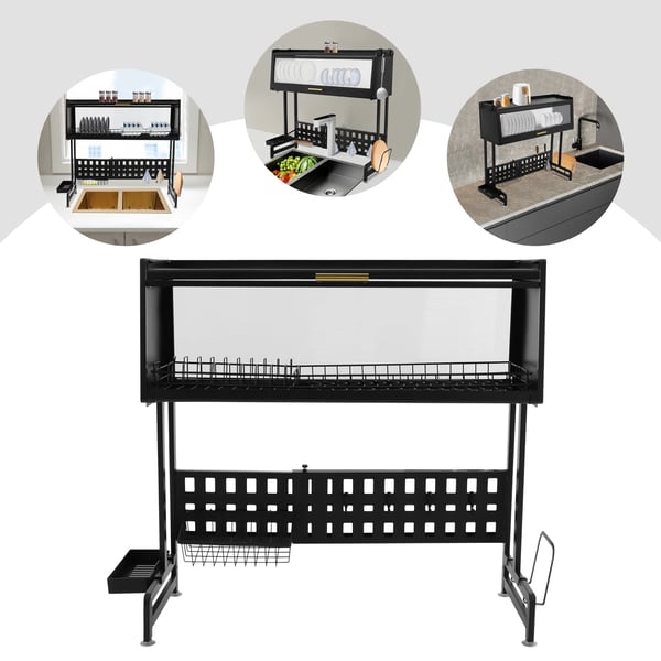 Diskställ - Över diskho, 2‑vånings - Justerbar - Självdränerande - Kolstål - Bär 100 kg - För ho max 84 cm - 84,5×28×31 cm - Svart