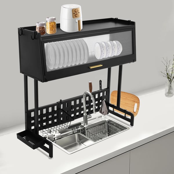 Astiankuivausteline - Altaan päälle, 2‑tasoinen - Säädettävä - Itsevaluttava - Hiiliteräs - Kantaa 100 kg - Altaalle max 84 cm - 84,5×28×31 cm - Musta