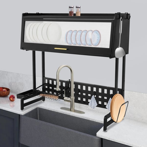 Astiankuivausteline - Altaan päälle, 2‑tasoinen - Säädettävä - Itsevaluttava - Hiiliteräs - Kantaa 100 kg - Altaalle max 84 cm - 84,5×28×31 cm - Musta