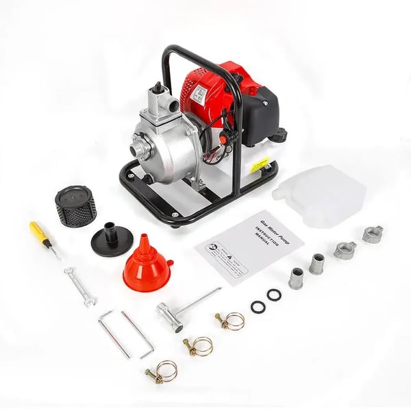 Vandpumpe - Benzindrevet højtryks vandings-/overførselspumpe - 43 cm³ - 2-Takts - 1,25 kW/1,7 hk - 8500 RPM - Rekylstart - Luftkølet blæser - Rød