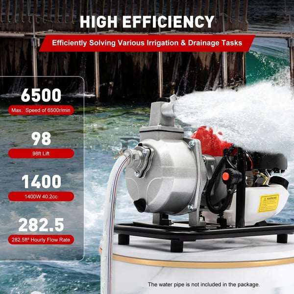 Vandpumpe - Benzindrevet højtryks vandings-/overførselspumpe - 43 cm³ - 2-Takts - 1,25 kW/1,7 hk - 8500 RPM - Rekylstart - Luftkølet blæser - Rød