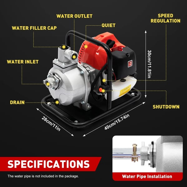 Vandpumpe - Benzindrevet højtryks vandings-/overførselspumpe - 43 cm³ - 2-Takts - 1,25 kW/1,7 hk - 8500 RPM - Rekylstart - Luftkølet blæser - Rød