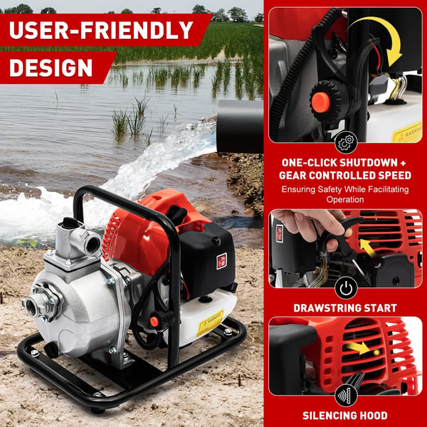 Vandpumpe - Benzindrevet højtryks vandings-/overførselspumpe - 43 cm³ - 2-Takts - 1,25 kW/1,7 hk - 8500 RPM - Rekylstart - Luftkølet blæser - Rød