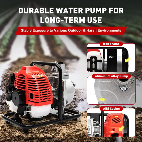 Vandpumpe - Benzindrevet højtryks vandings-/overførselspumpe - 43 cm³ - 2-Takts - 1,25 kW/1,7 hk - 8500 RPM - Rekylstart - Luftkølet blæser - Rød