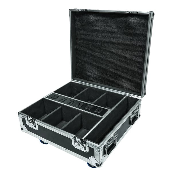 Flightcase med laddning - 6×18W LED PAR - RGBWA+UV - Trådlös APP-styrning - För batteridrivna uplights - Varmgul