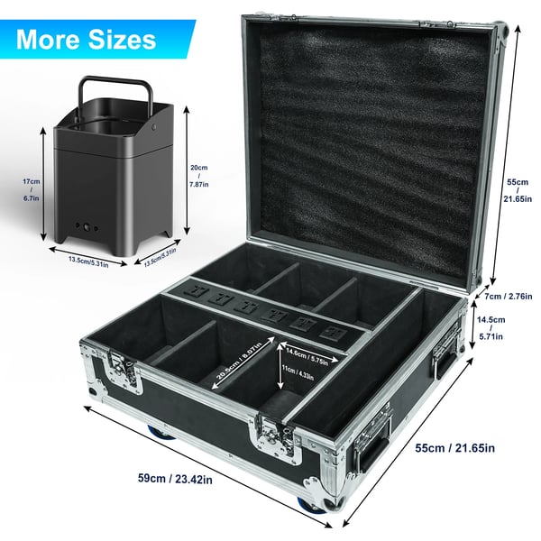 Flightcase med opladning - 6×18W LED PAR - RGBWA+UV - Trådløs APP-styring - Til batteridrevne uplights - Varm gul