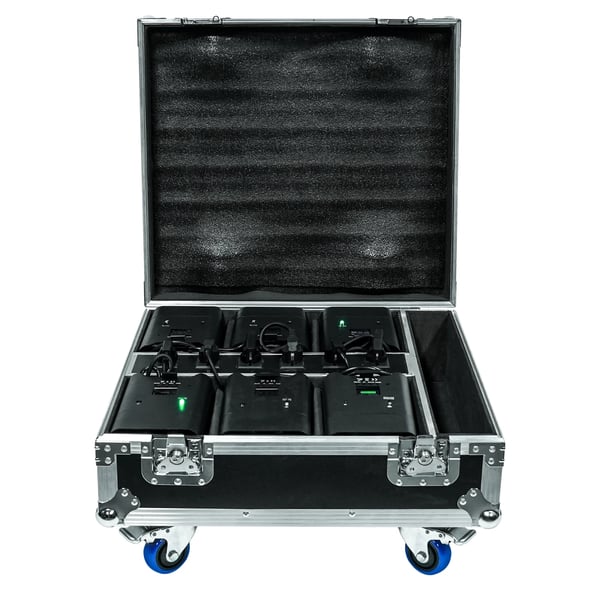 Flightcase med opladning - 6×18W LED PAR - RGBWA+UV - Trådløs APP-styring - Til batteridrevne uplights - Varm gul