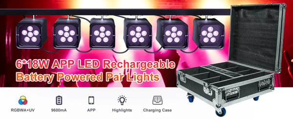 Flightcase med opladning - 6×18W LED PAR - RGBWA+UV - Trådløs APP-styring - Til batteridrevne uplights - Varm gul