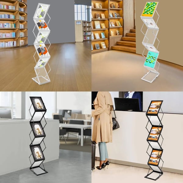 A4 Brochureholder - Fritstående displaystativ - Sammenklappelig - 6 rum - Bærbar til messer og salgsmateriale - Sølv