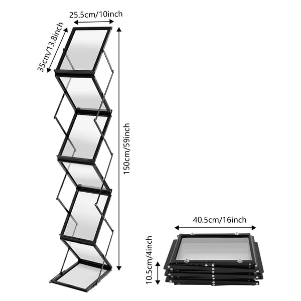 A4 Brochurestander - Displaystativ - Fritstående - 6 Paneler - Sammenklappelig - Bærbar - Størrelse 40,5×10,5 cm - Sort