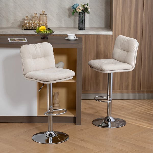 Barstolar 2-pack - Köksbarstolar - Snurrbar - Höjdjusterbar 64–86 cm - Linneklädsel - Ryggstöd och fotstöd - Stoppad sits - Stålbas - Beige