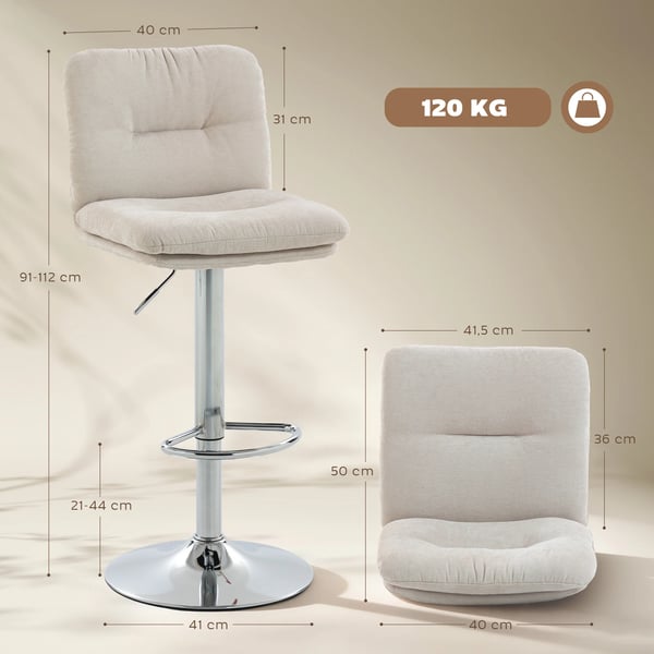 Barstolar 2-pack - Köksbarstolar - Snurrbar - Höjdjusterbar 64–86 cm - Linneklädsel - Ryggstöd och fotstöd - Stoppad sits - Stålbas - Beige