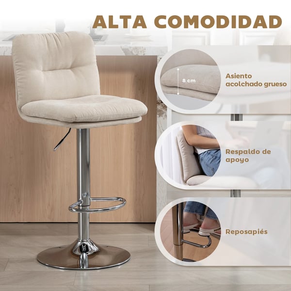 Barstolar 2-pack - Köksbarstolar - Snurrbar - Höjdjusterbar 64–86 cm - Linneklädsel - Ryggstöd och fotstöd - Stoppad sits - Stålbas - Beige